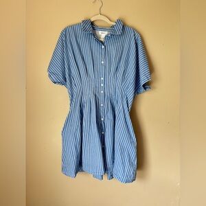 Japna Blue & White Striped Shirt Dress - Size L - 100% Cotton - Elastic Waist